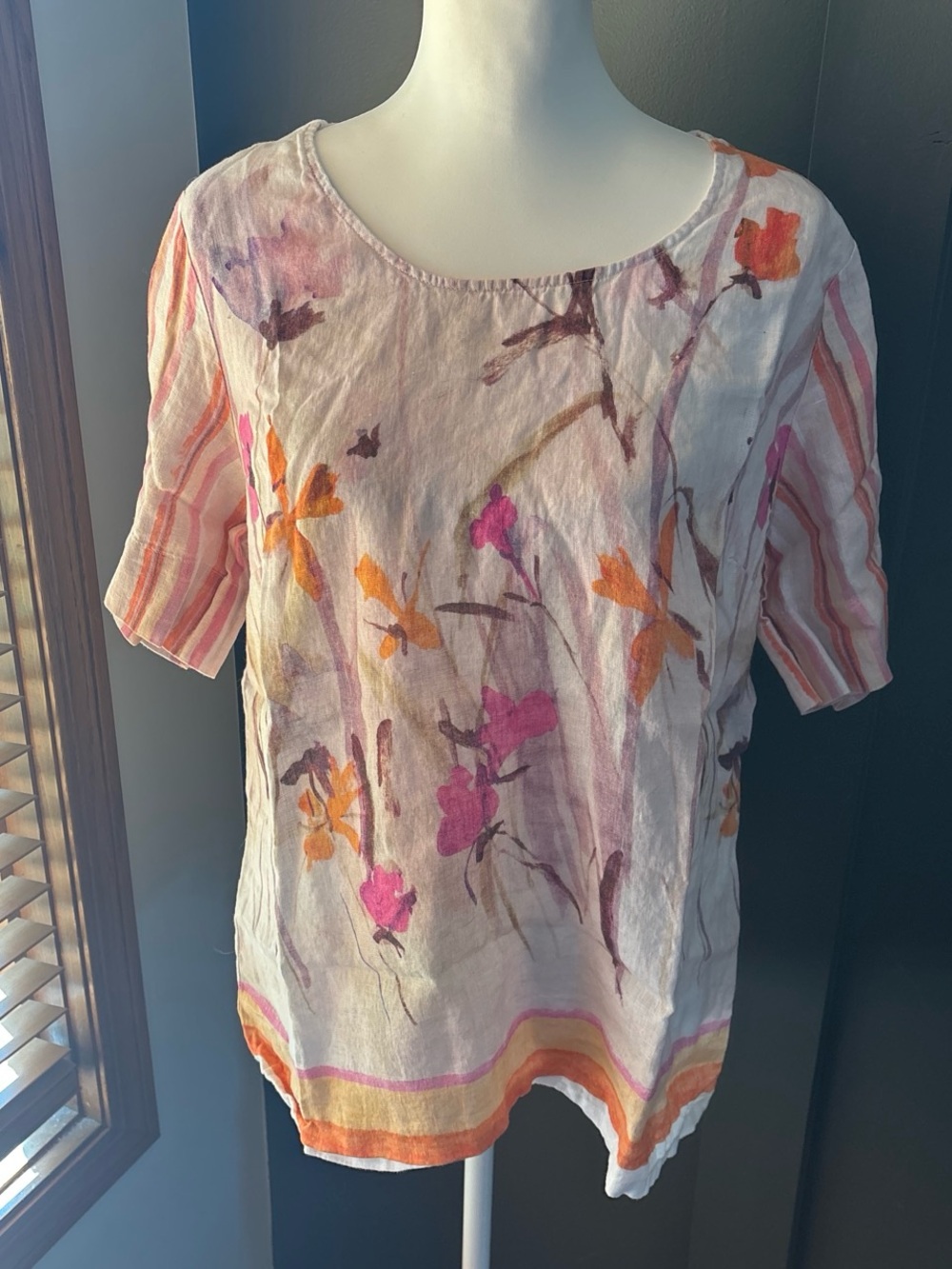 Renuar 100% Linen Floral Blouse Striped Sleeves Boho Artsy Top Size L